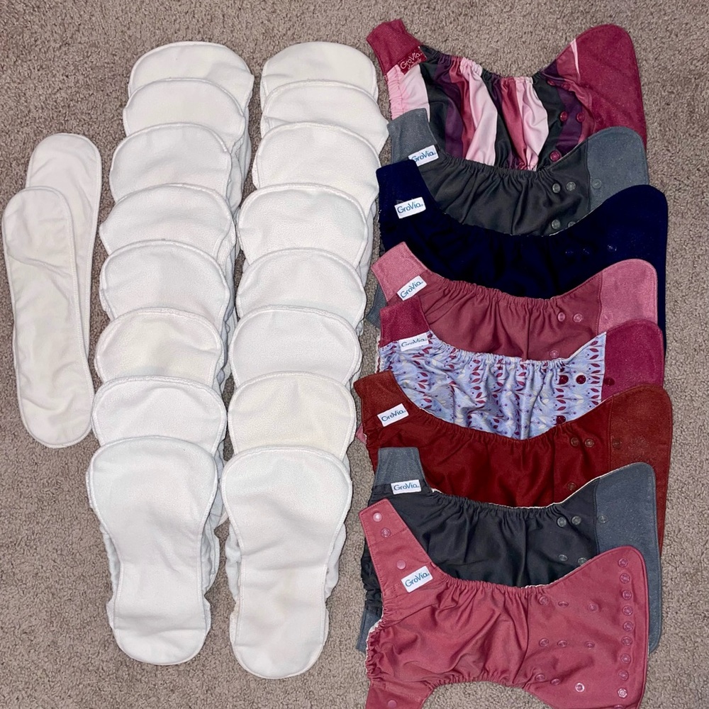 Lot of GroVia Hybrid Cloth Diapers - 8 Shells, 16 Soakers, 2 Boosters
